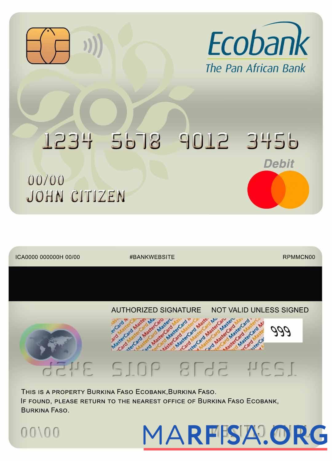 Printable Burkina Faso Ecobank bank mastercard debit card sample